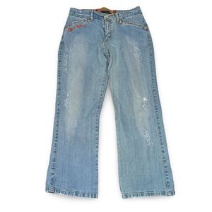 Apple Bottoms Women Light Wash Distressed Rhinestone Bootcut Jeans Blue 7/8